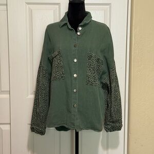 POL Olive Oversized Leopard Print Heavy Button Down